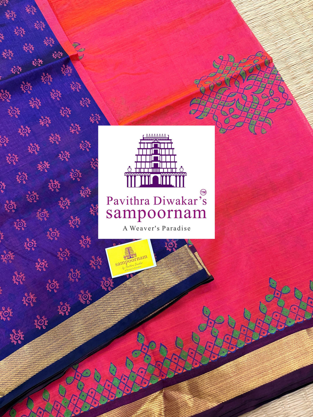Pink with Blue ,traditional borders and rich Pallu Kolam Handblock Printed Silk Cotton Saree