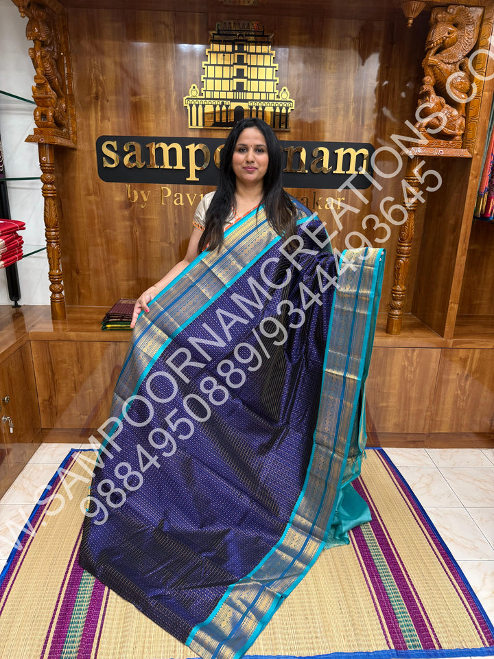 Dark Blue with Light Blue, Rich Traditional Borders and Lakshadeepam Zari Buttas all over the Body and Grand Pallu, Pure Silk Cotton Saree