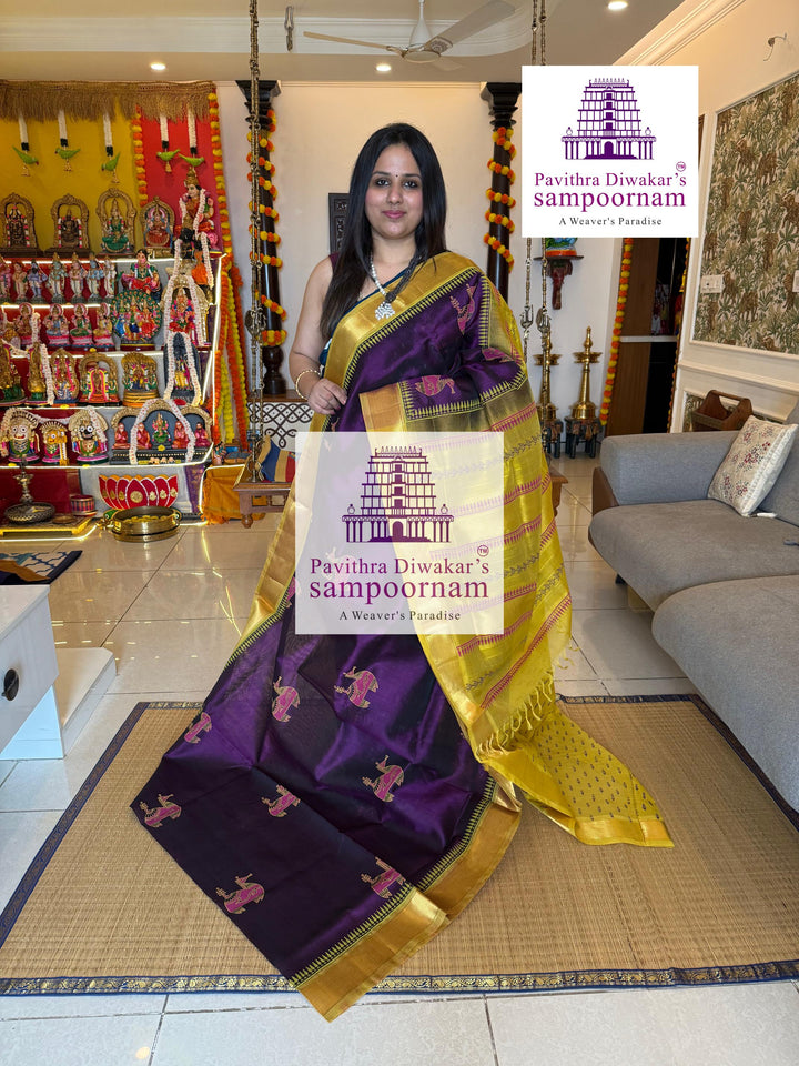 Purple with Lemon Yellow  , traditional borders and rich Pallu , Terracota horse printed Silk Cotton Saree