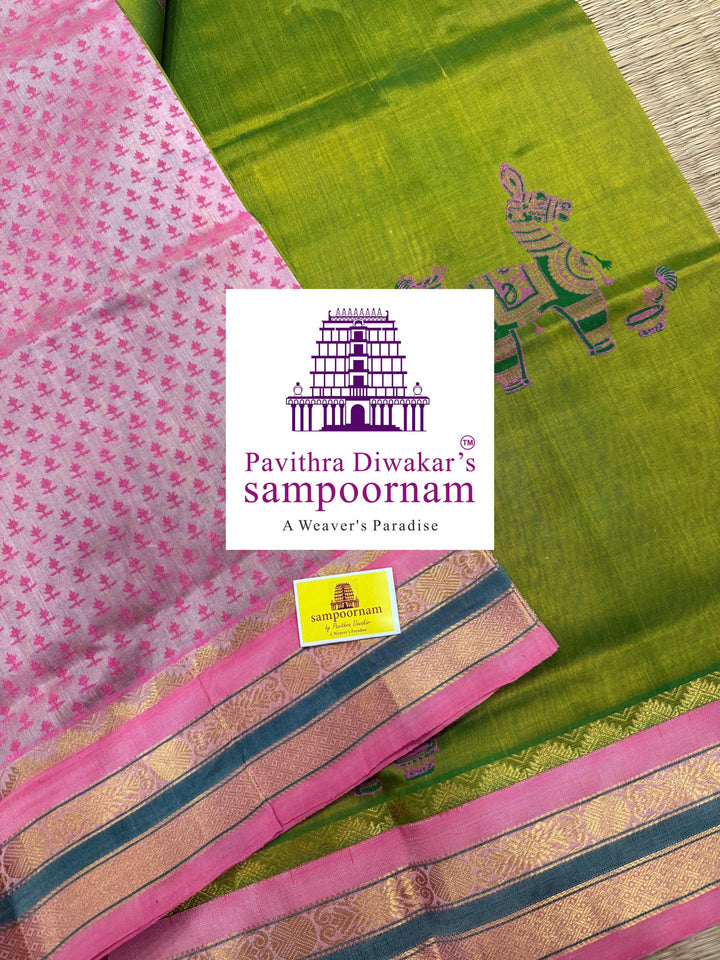 Light Leaf Green with Baby Pink , traditional borders , Terracota horse printed Silk Cotton Saree