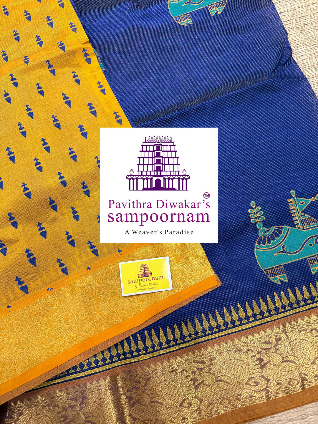 Blue with Mustard , Vairaoosi Zari lines in the body ,  , rich zari butta in the body , traditional borders and rich pallu , Terracota horse printed Silk Cotton Saree