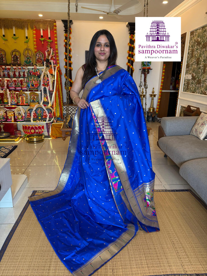 Royal Blue Paithani muniya borders , rich butta in the body , and grand Paithani Pallu , Semi Paithani Soft Silk Sarees