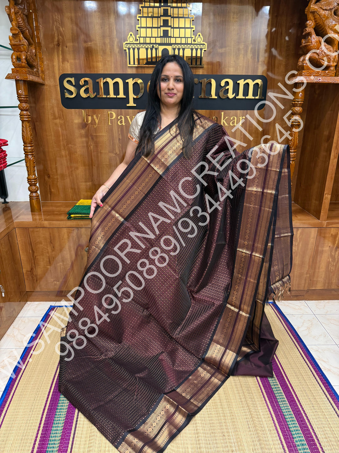 Coffee Brown, Rich Traditional Borders and Lakshadeepam Zari Buttas all over the Body and Grand Pallu, Pure Silk Cotton Saree
