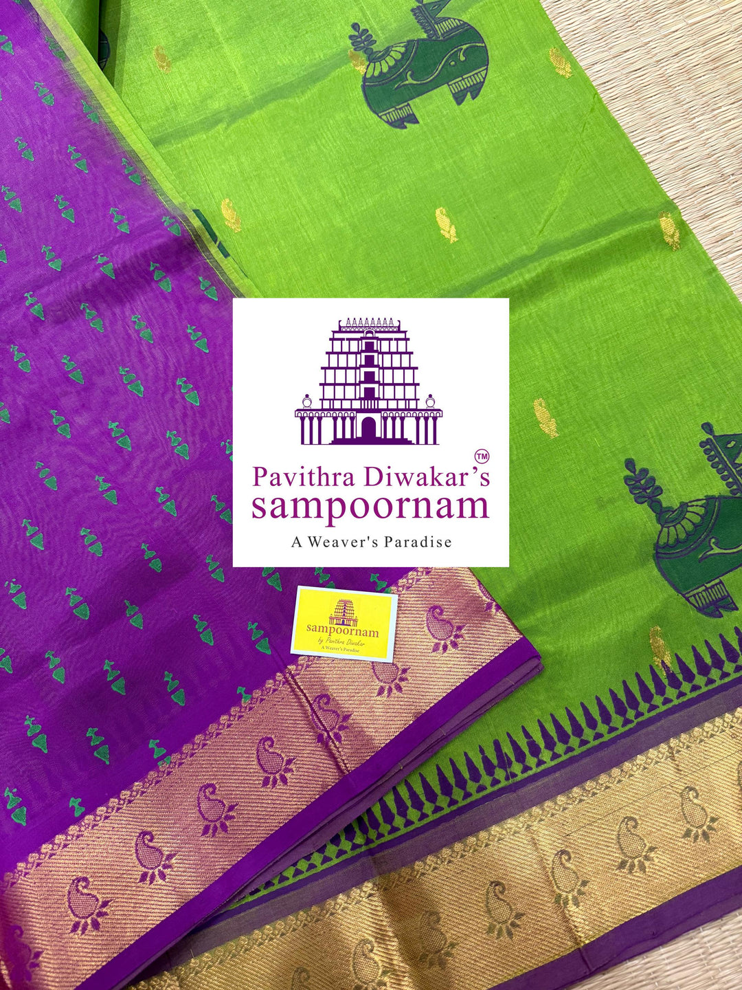 Light Green with Purple  , rich zari butta in the body , traditional borders , Terracota horse printed Silk Cotton Saree