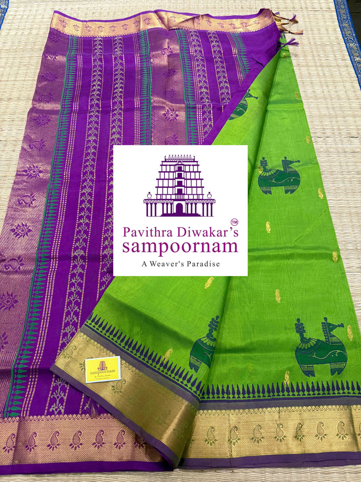 Light Green with Purple  , rich zari butta in the body , traditional borders , Terracota horse printed Silk Cotton Saree