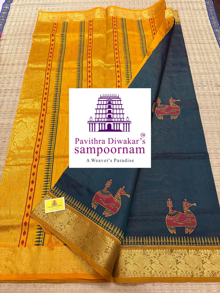 Green with Mustard , Vairaoosi Zari lines in the body , rich zari butta in the body , traditional borders and rich pallu , Terracota horse printed Silk Cotton Saree