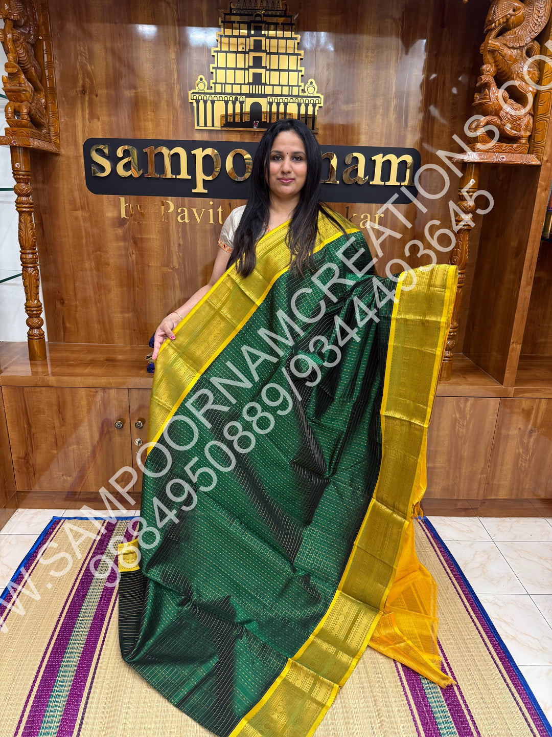 Green with Lemon Yellow, Rettapet Border and Rich Zari Lakshadeepam Buttas all over the Body and Grand Pallu, Pure Silk Cotton Saree