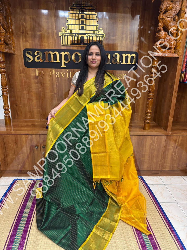 Green with Lemon Yellow, Rettapet Border and Rich Zari Lakshadeepam Buttas all over the Body and Grand Pallu, Pure Silk Cotton Saree