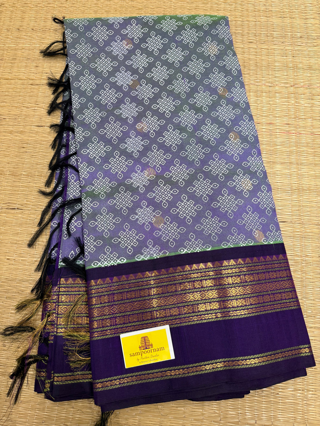 Lavender with Purple, Body Rich Butta, Rettapet Border and Traditional Rich Pallu Kolam Printed Korvai Silk Cotton Saree