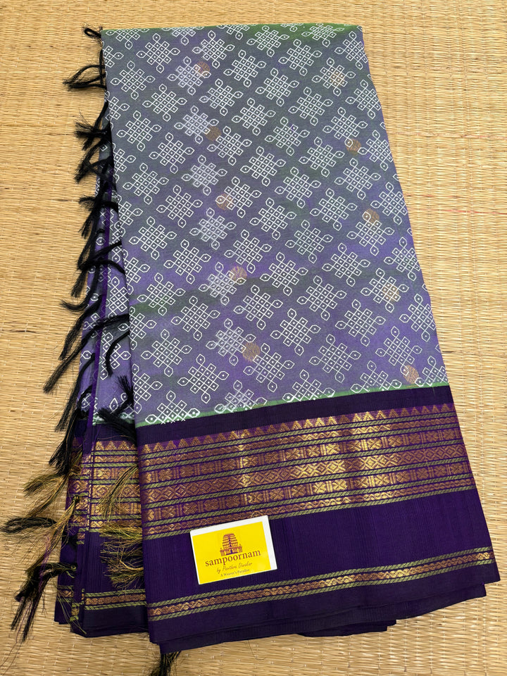 Lavender with Purple, Body Rich Butta, Rettapet Border and Traditional Rich Pallu Kolam Printed Korvai Silk Cotton Saree
