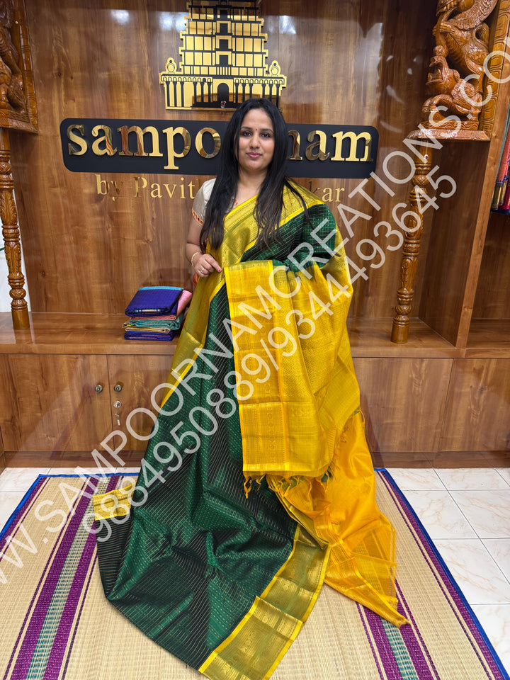 Green with Lemon Yellow, Rettapet Border and Rich Zari Lakshadeepam Buttas all over the Body and Grand Pallu, Pure Silk Cotton Saree