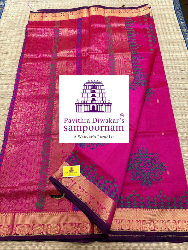 Pink ,with rich Zari Butta in the Body ,traditional borders and rich Pallu silk cotton saree