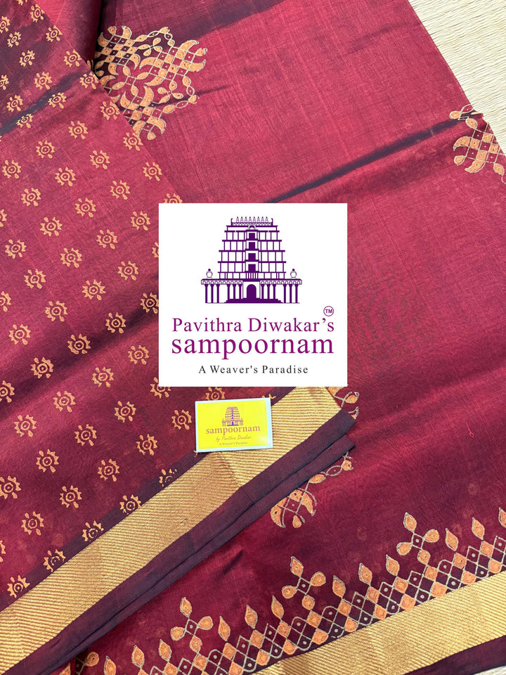 Araku ,traditional borders and rich Pallu Kolam Handblock Printed Silk Cotton Saree