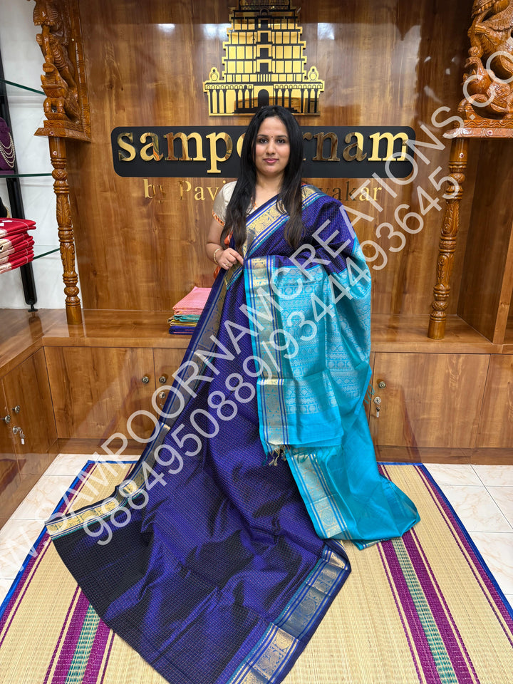 Dark Blue with Light Blue, Rich Traditional Borders and Lakshadeepam Thread Buttas all over the Body and Grand Pallu, Pure Silk Cotton Saree