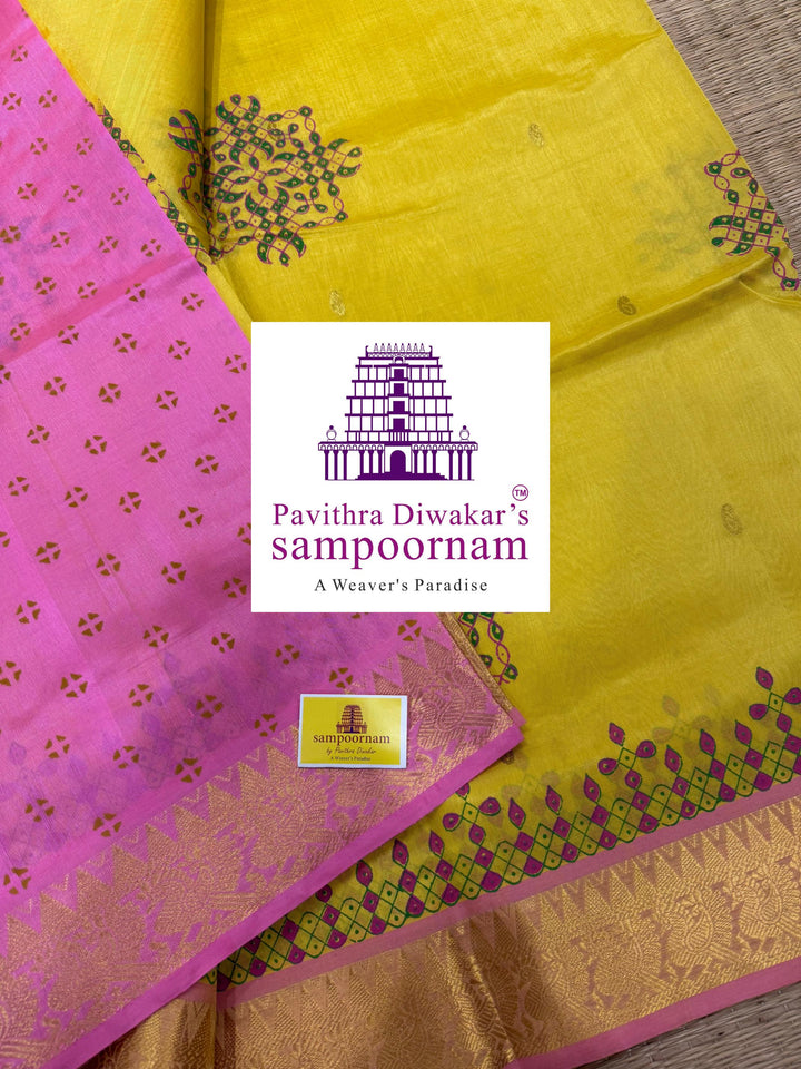 Yellow with Baby Pink , with rich Zari Butta in the Body ,traditional borders and rich Pallu silk cotton saree