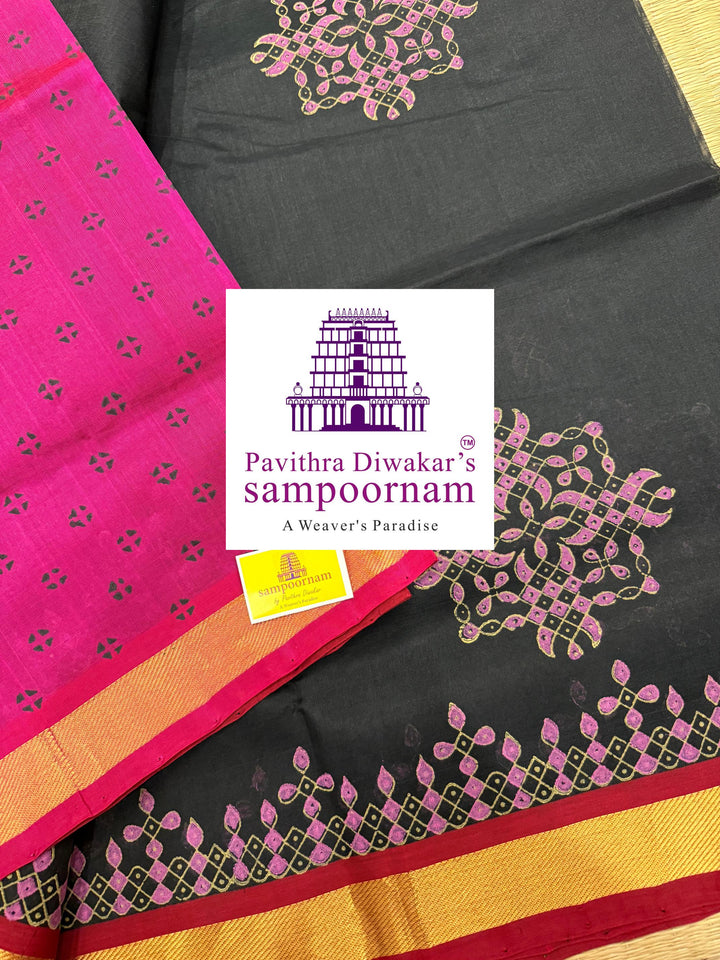Black with Pink , traditional borders and rich Pallu Kolam Handblock Printed Silkcotton Saree