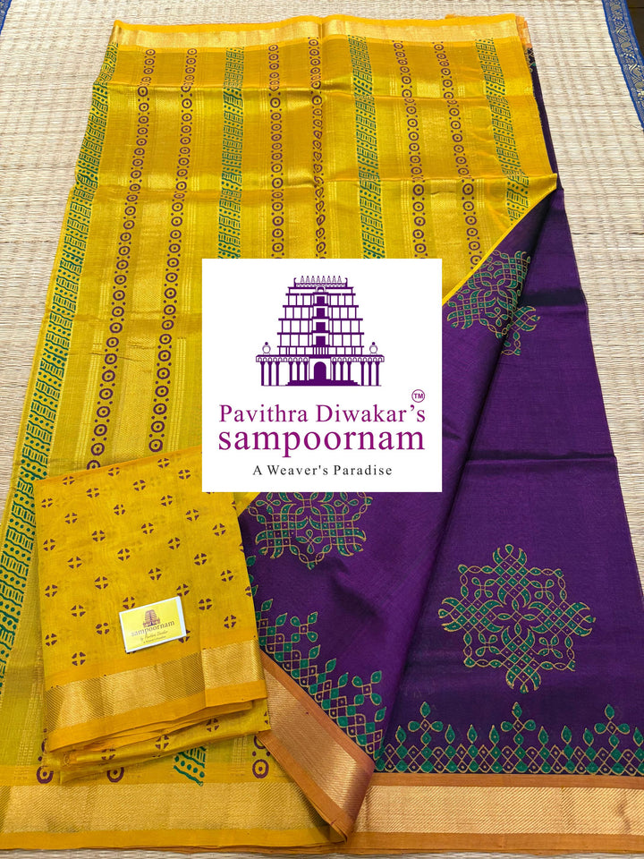 Purple with Fenugreek , traditional borders and rich Pallu Kolam Handblock Printed Silkcotton Saree