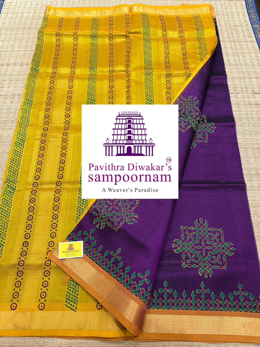 Purple with Fenugreek , traditional borders and rich Pallu Kolam Handblock Printed Silkcotton Saree