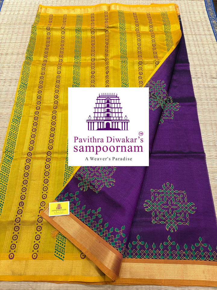 Purple with Fenugreek , traditional borders and rich Pallu Kolam Handblock Printed Silkcotton Saree