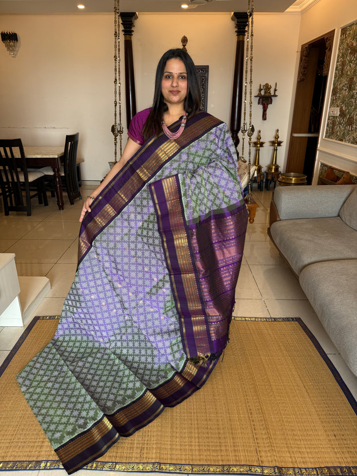 Lavender with Purple, Body Rich Butta, Rettapet Border and Traditional Rich Pallu Kolam Printed Korvai Silk Cotton Saree