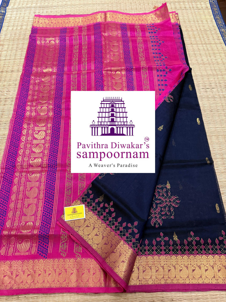 Dark Blue with Pink , rich Zari Butta in the Body ,traditional borders and rich Pallu silk cotton saree