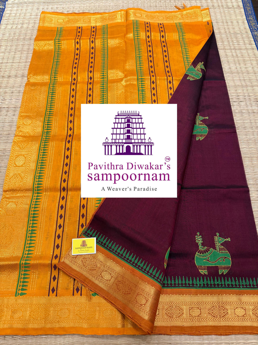 Araku with Mustard  , traditional borders and rich Pallu , Terracota horse printed Silk Cotton Saree