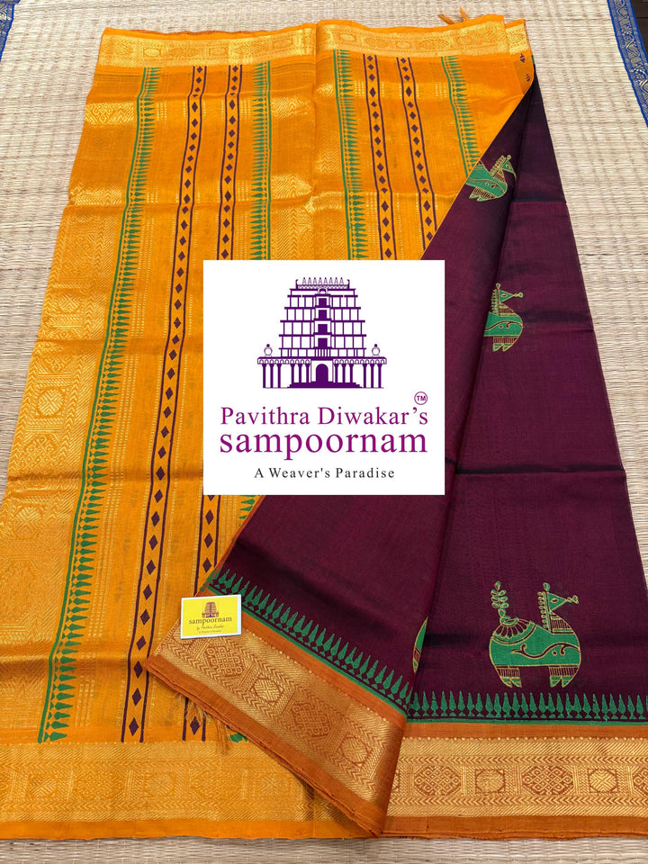 Araku with Mustard  , traditional borders and rich Pallu , Terracota horse printed Silk Cotton Saree