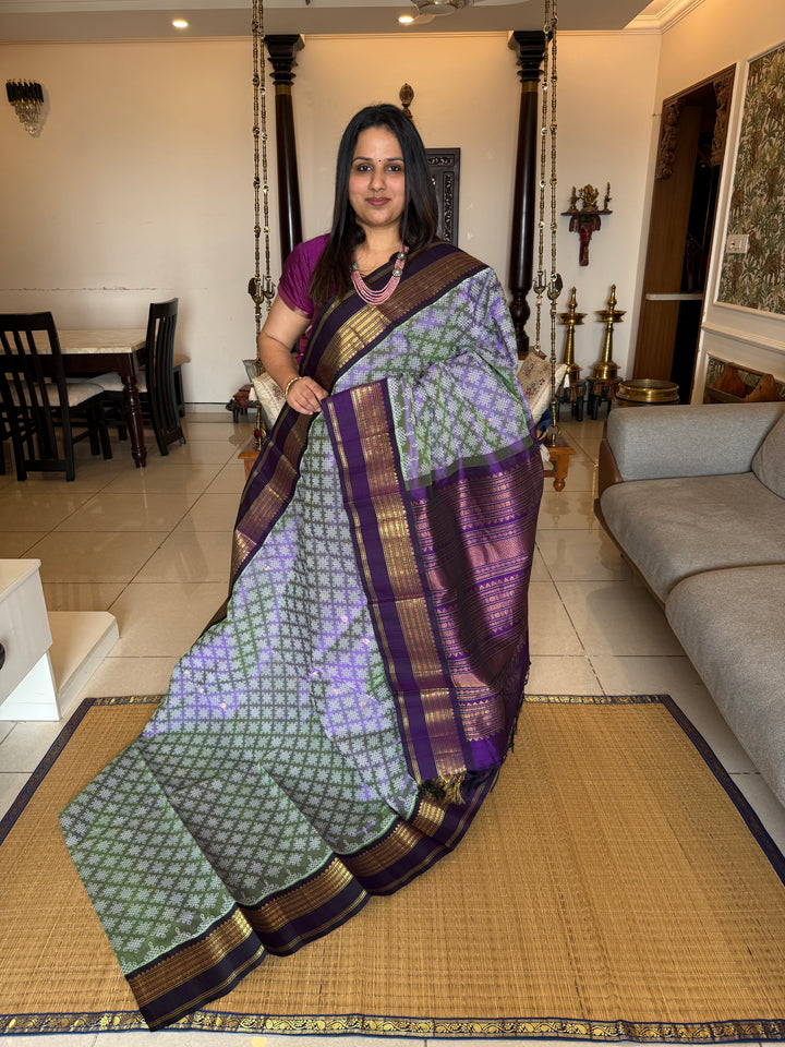 Lavender with Purple, Body Rich Butta, Rettapet Border and Traditional Rich Pallu Kolam Printed Korvai Silk Cotton Saree