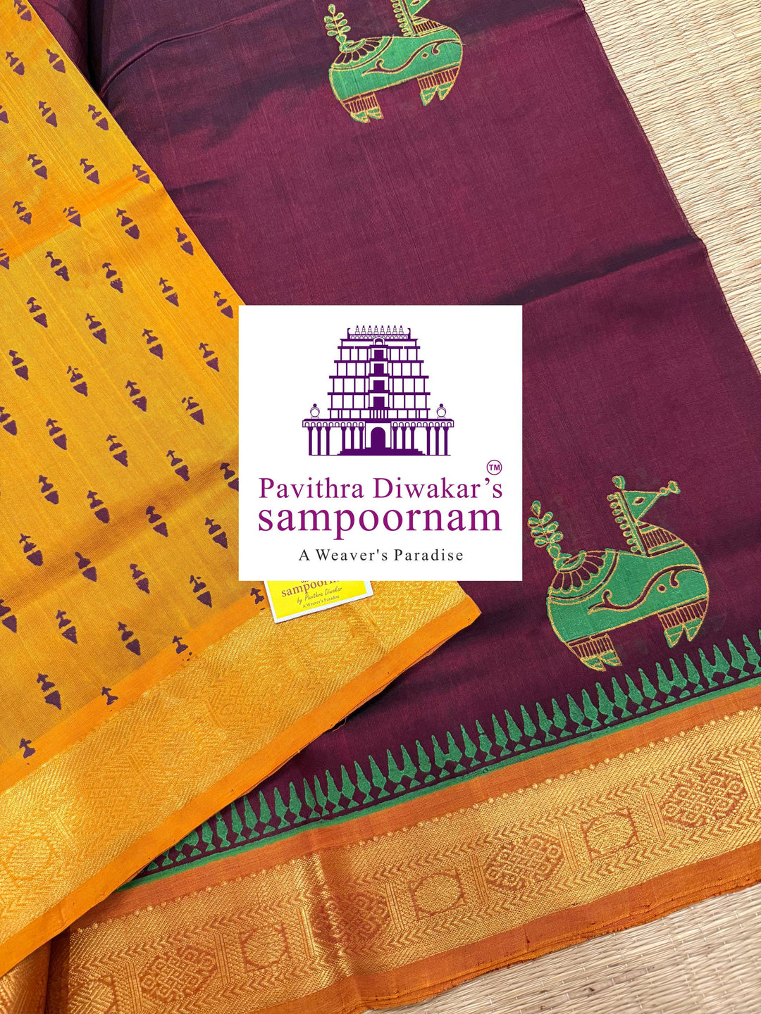 Araku with Mustard  , traditional borders and rich Pallu , Terracota horse printed Silk Cotton Saree