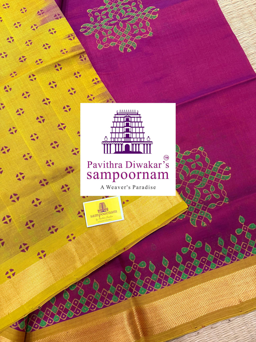 Magenta with Fenugreek ,traditional borders and rich Pallu Kolam Handblock Printed Silkcotton Saree