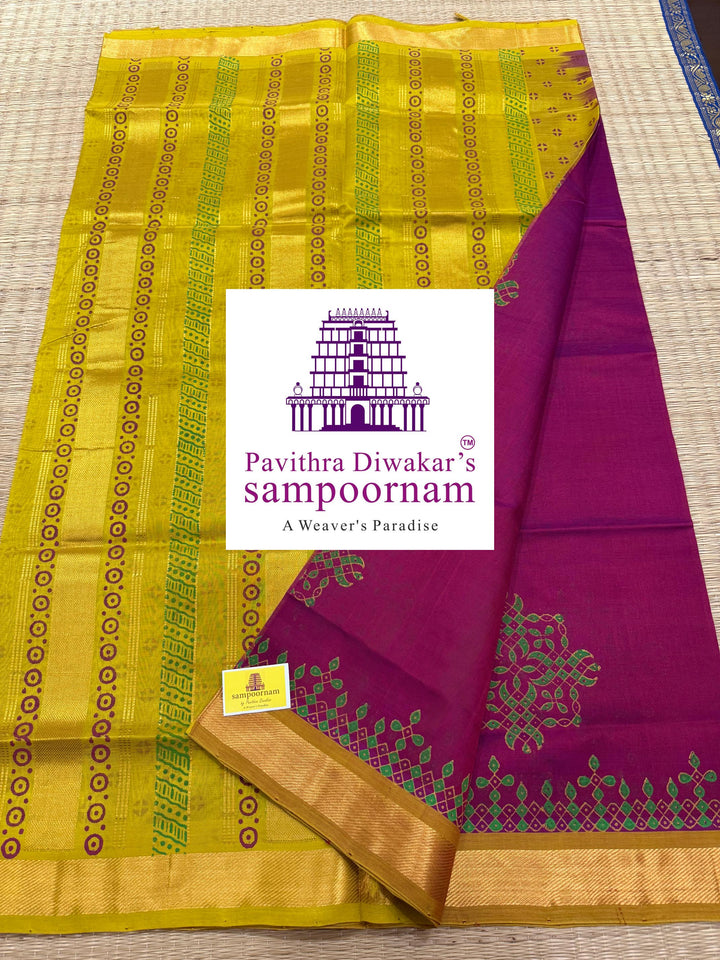 Magenta with Fenugreek ,traditional borders and rich Pallu Kolam Handblock Printed Silkcotton Saree