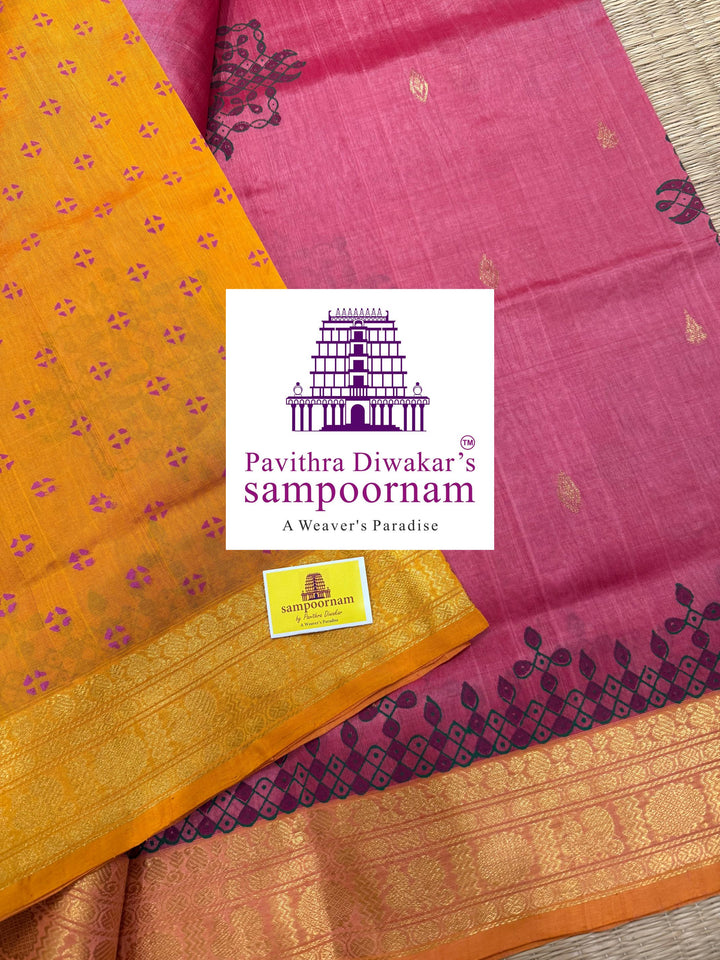Onion Pink with Mustard , with rich Zari Butta in the Body ,traditional borders and rich Pallu silk cotton saree