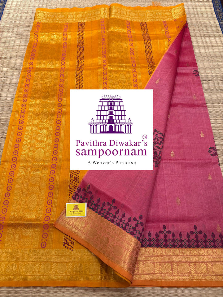Onion Pink with Mustard , with rich Zari Butta in the Body ,traditional borders and rich Pallu silk cotton saree