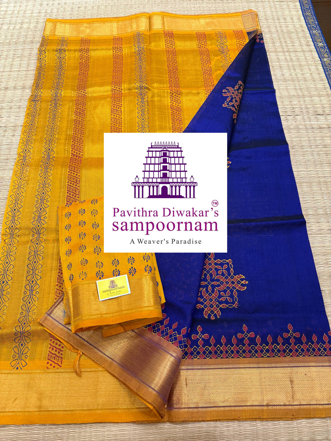 Blue with Mustard , traditional borders and rich Pallu Kolam Handblock Printed Silkcotton Saree