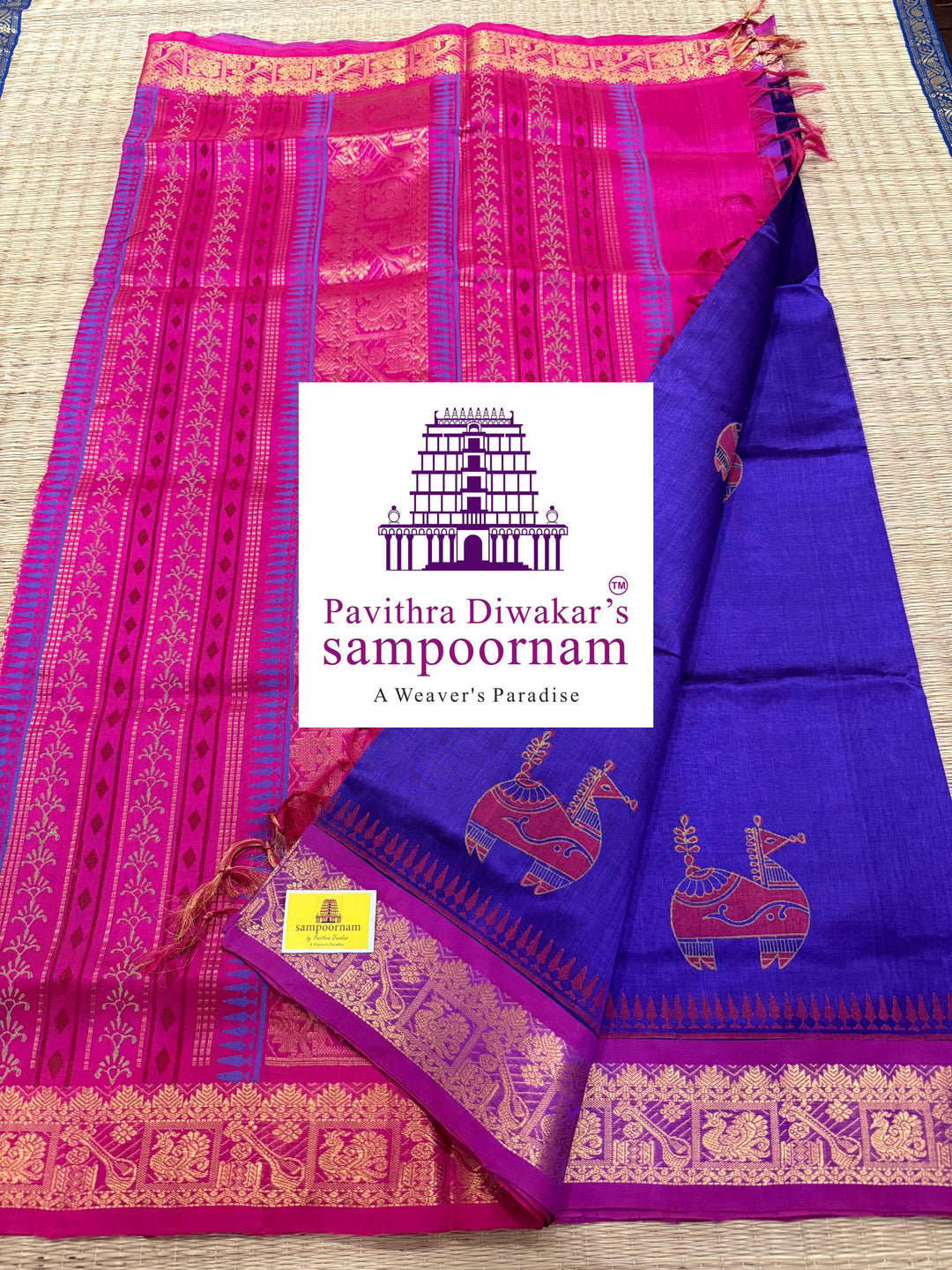 Purple with Pink  , traditional borders , Terracota horse printed Silk Cotton Saree
