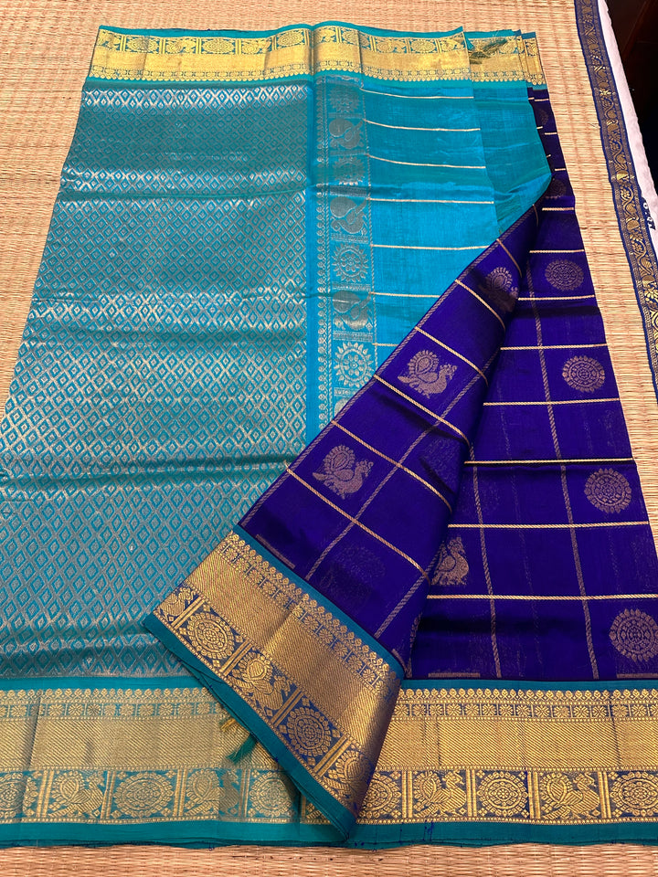 Indigo Blue with Turquoise Blue Mayil Chakram Silk Cotton Saree