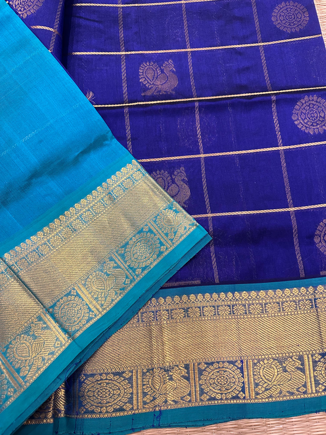 Indigo Blue with Turquoise Blue Mayil Chakram Silk Cotton Saree