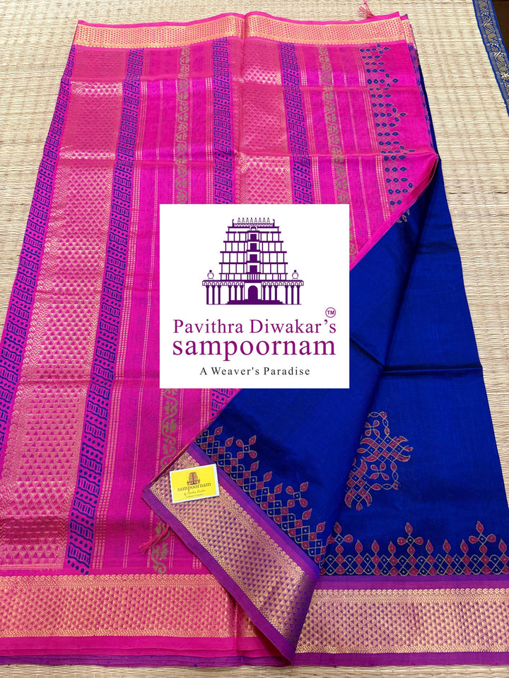 Blue with Pink ,traditional Borders and rich Pallu Kolam Handblock Printed Silk Cotton saree