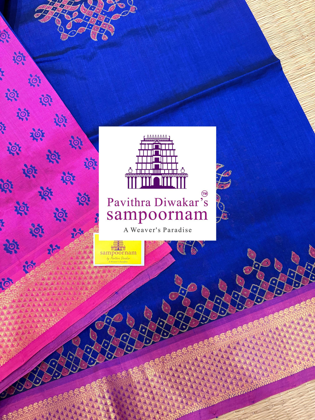 Blue with Pink ,traditional Borders and rich Pallu Kolam Handblock Printed Silk Cotton saree