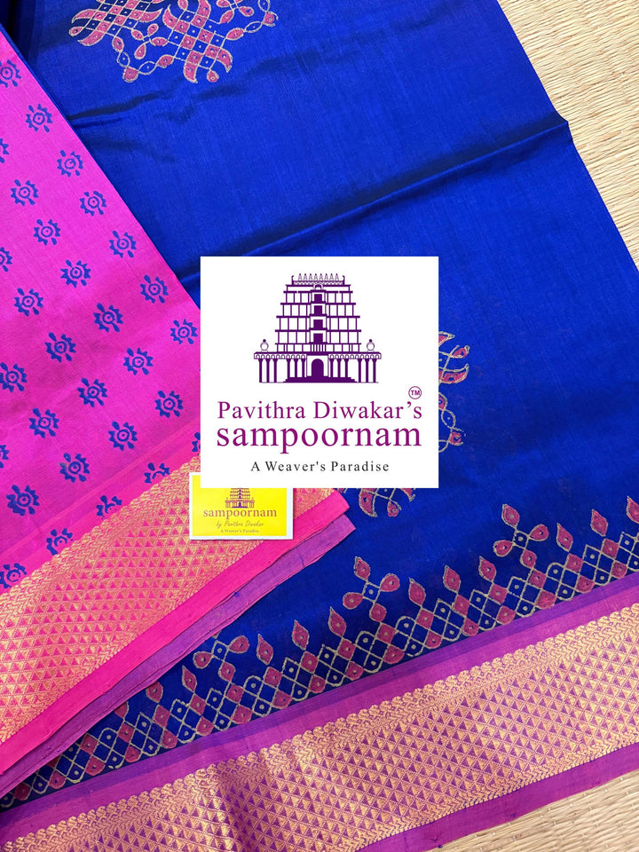 Blue with Pink ,traditional Borders and rich Pallu Kolam Handblock Printed Silk Cotton saree