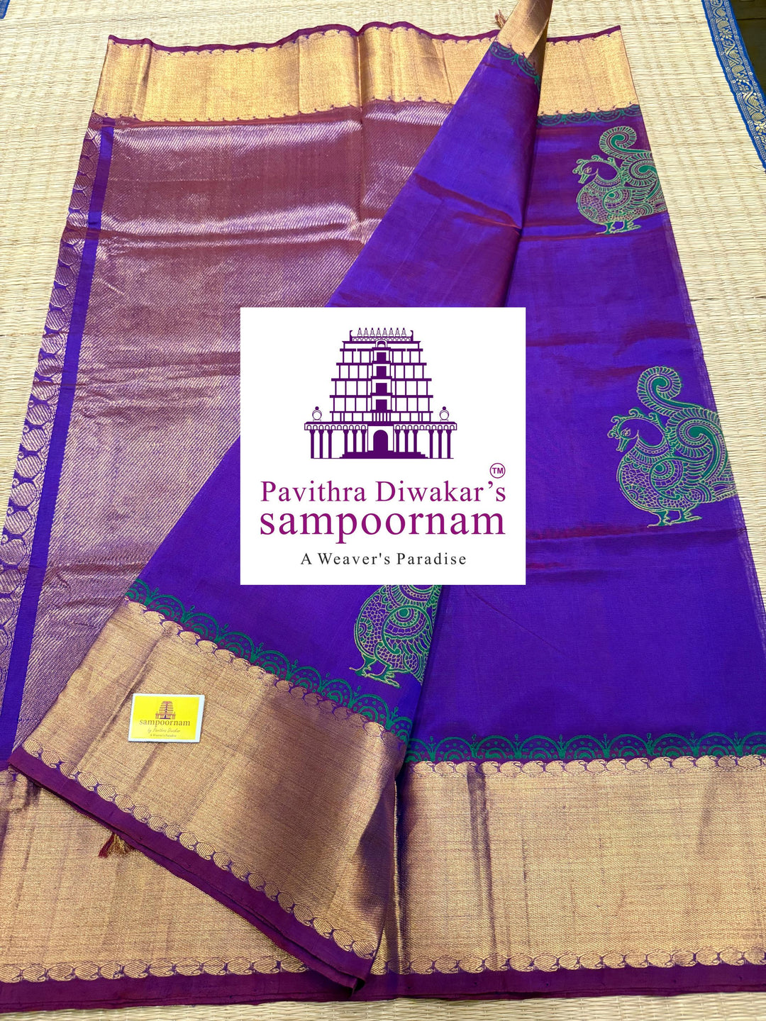 Purple , rich zari borders and traditional pallu , Annam Handblock Printed Korvai Silk Cotton Saree