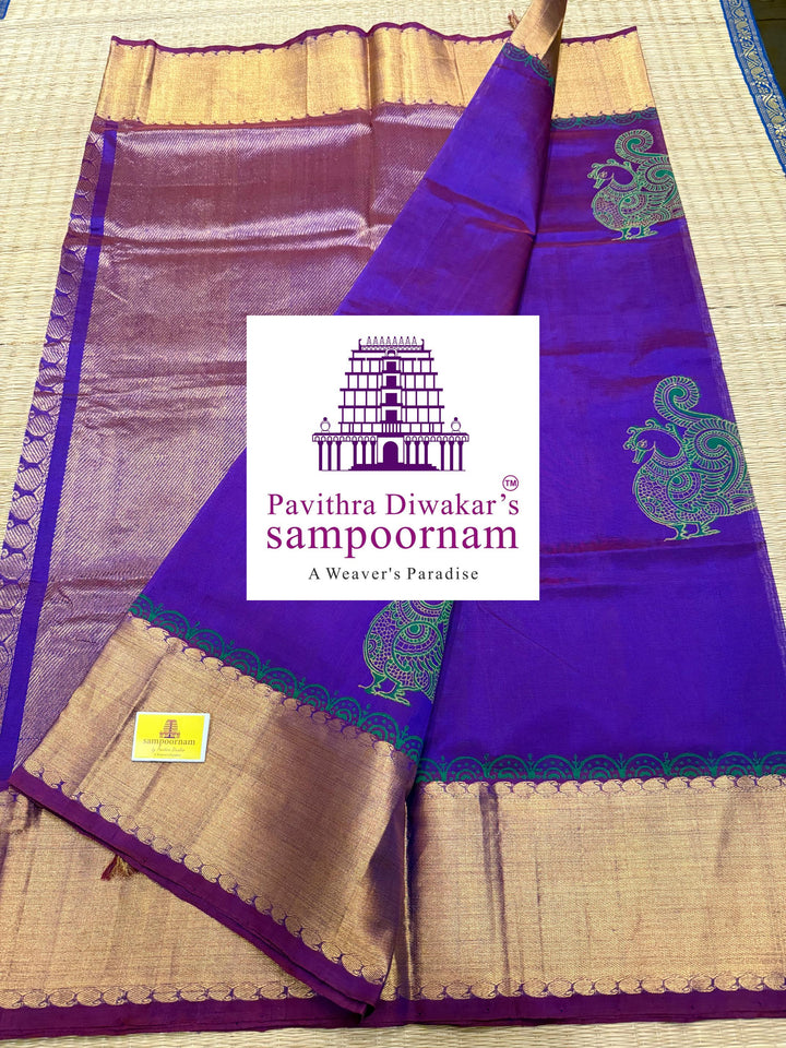 Purple , rich zari borders and traditional pallu , Annam Handblock Printed Korvai Silk Cotton Saree