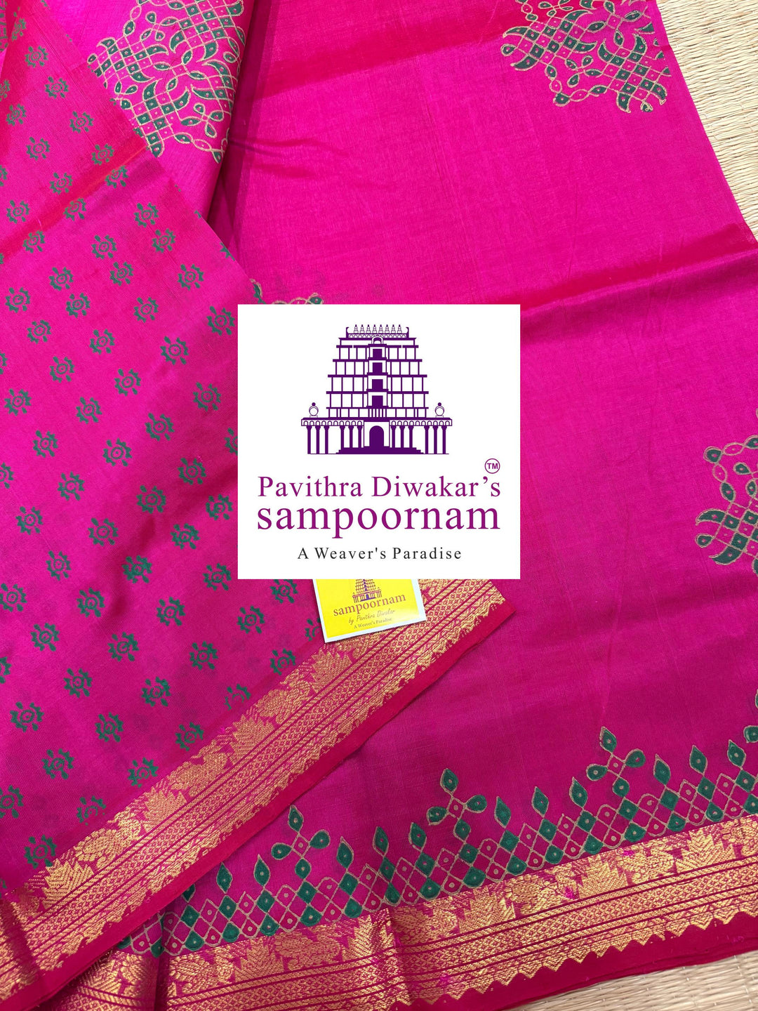 Pink , traditional borders and rich Pallu , Kolam Handblock Printed Silk cotton Saree