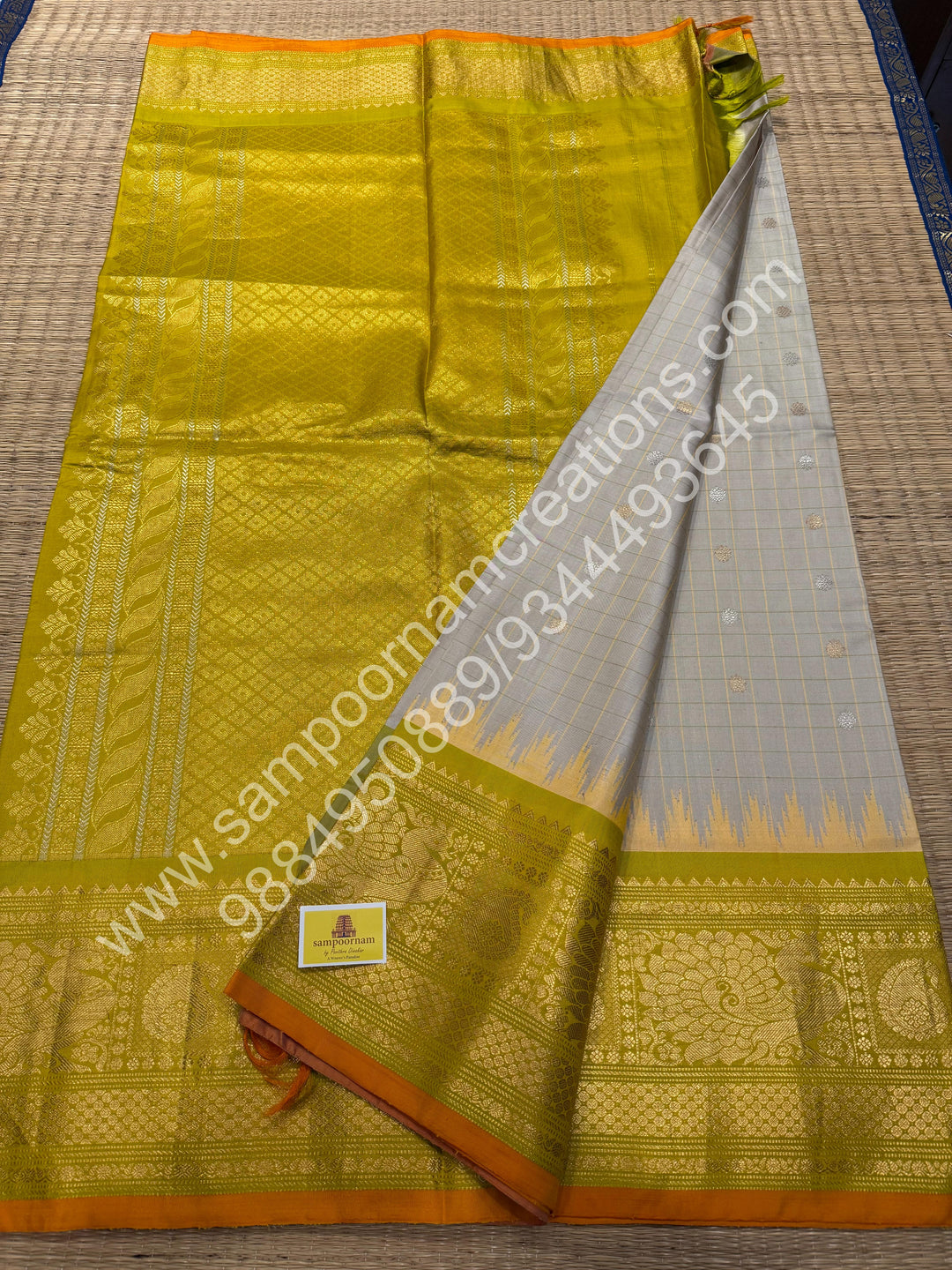 Offwhite with Lemon Green, Orange Selvedge, Rich Zari Checks in the body,Rudraksh Silver and Gold Zari Butta in the Body, Traditional Rich Borders with Temple Design and Grand Pallu, Pure Handloom Gadwal Silk Saree