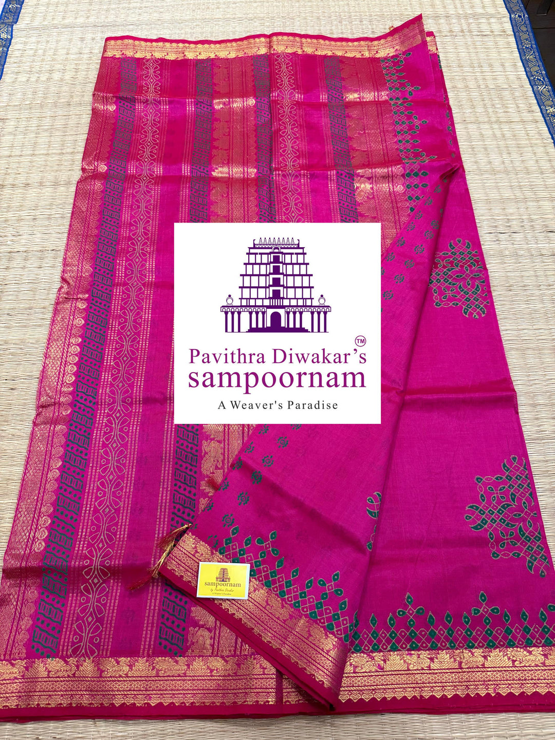 Pink , traditional borders and rich Pallu , Kolam Handblock Printed Silk cotton Saree