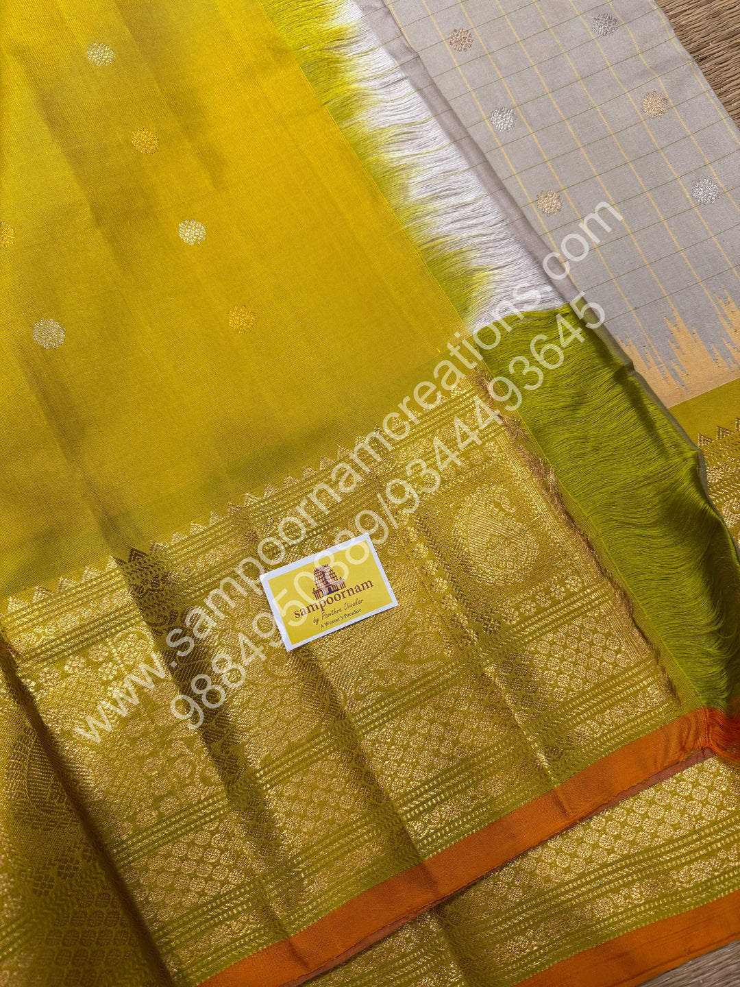 Offwhite with Lemon Green, Orange Selvedge, Rich Zari Checks in the body,Rudraksh Silver and Gold Zari Butta in the Body, Traditional Rich Borders with Temple Design and Grand Pallu, Pure Handloom Gadwal Silk Saree