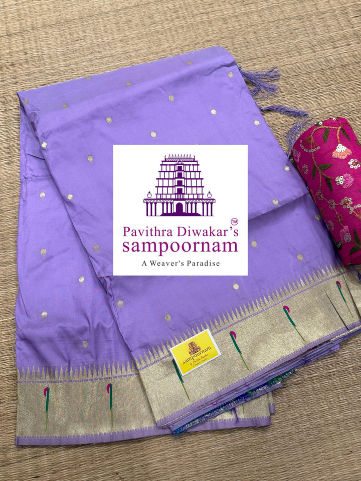 Lavender Paithani muniya borders , rich butta in the body , and grand Paithani Pallu , Semi Paithani Soft Silk Sarees
