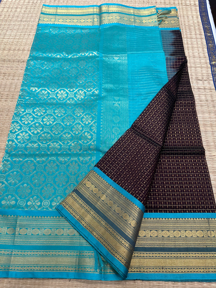 Dark Brown with Turquoise Blue Zari Lakshadeepam Silk Cotton Saree