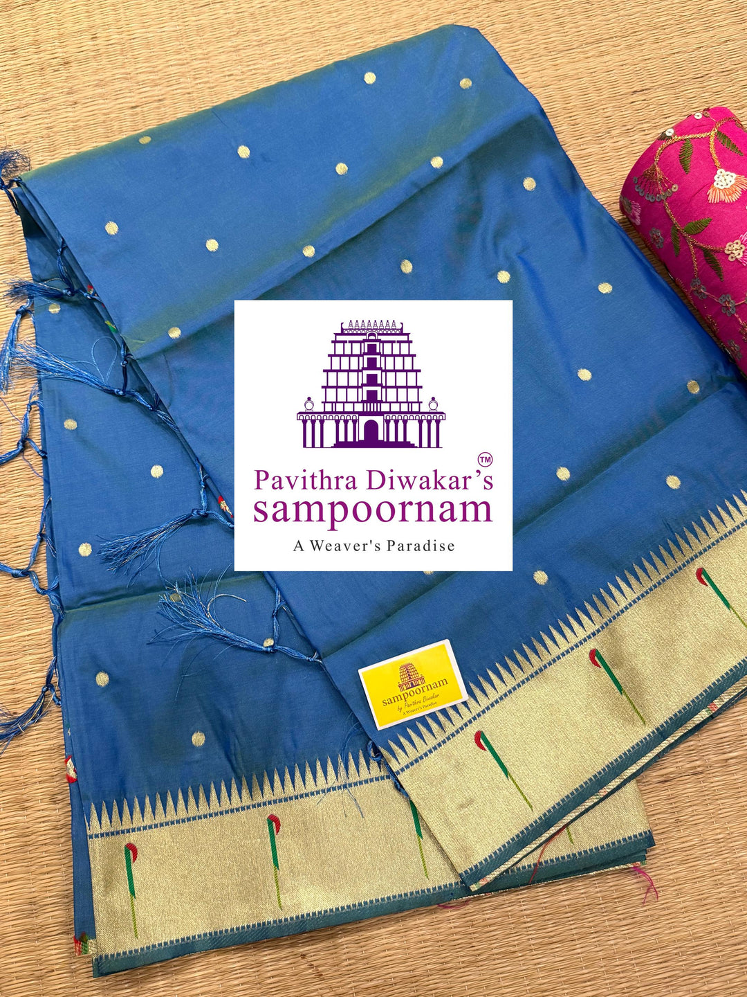 Mayil Kazhuthu Blue Paithani muniya borders , rich butta in the body , and grand Paithani Pallu , Semi Paithani Soft Silk Sarees