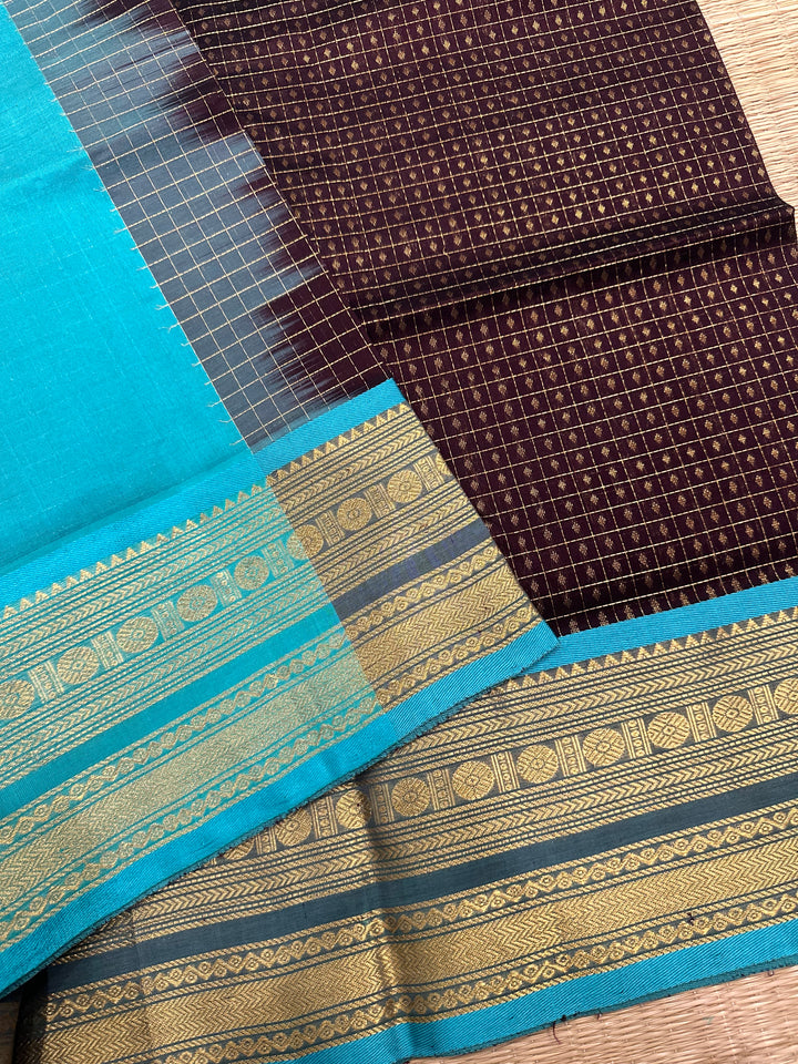 Dark Brown with Turquoise Blue Zari Lakshadeepam Silk Cotton Saree